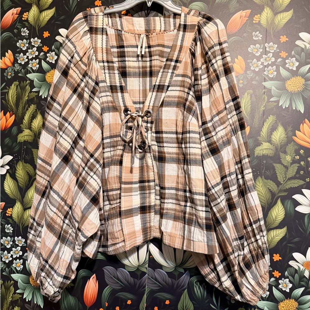 Anthropologie Beige and Black Plaid Blouse
